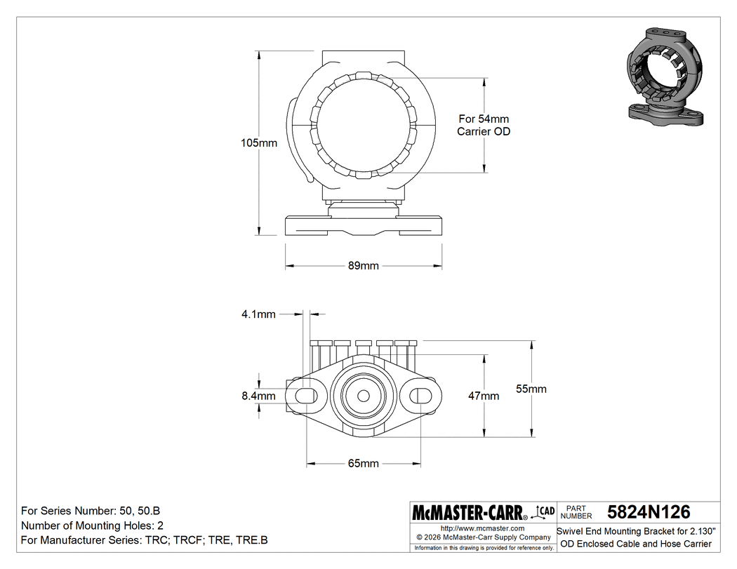 Technical Drawing of Swivel End Mounting Bracket for 2.130" OD Enclosed Cable&Hose Carrier.